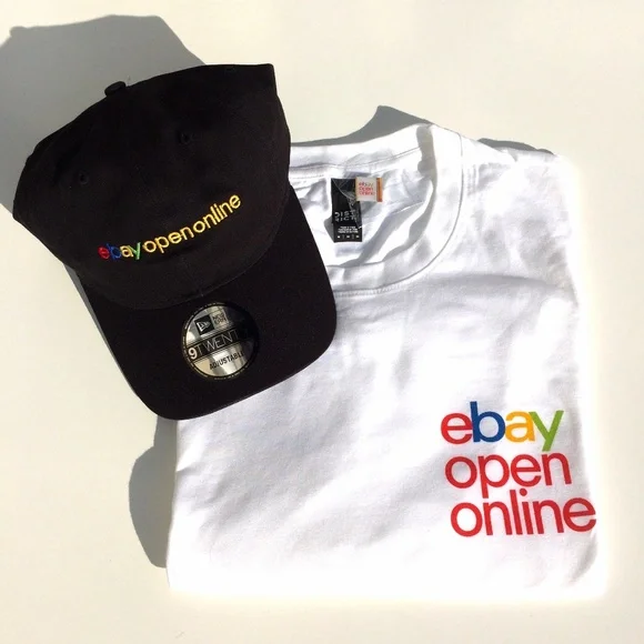 eBay Open Online T-shirt White size M and Baseball Cap Black Adjustable Pin - Picture 1 of 7